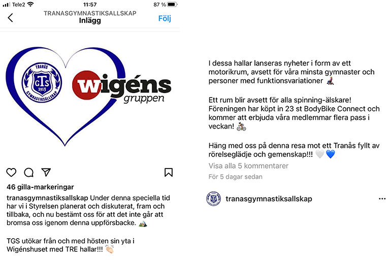 Screenshot från Tranås Gymnastiksällskaps instagram, inlägget berör utökning av lokaler under pandemin. 