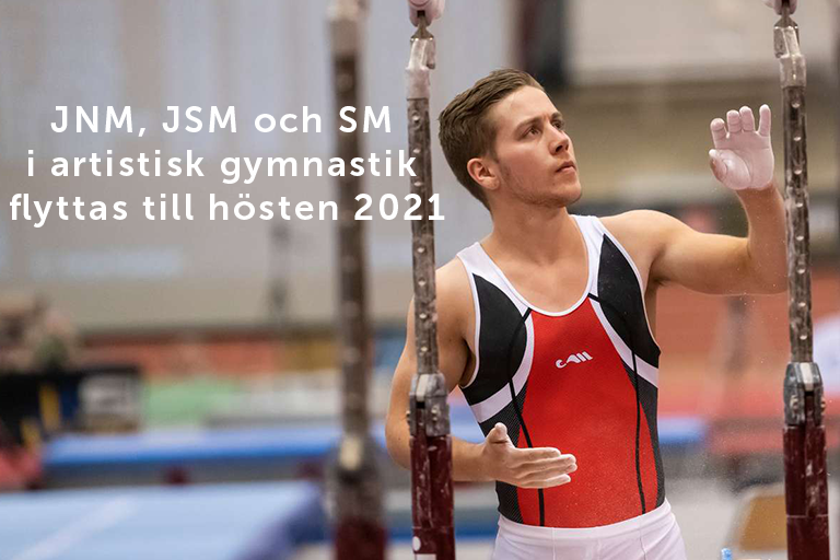 Man vid ringar, bildtext JNM, JSM och SM i artistisk gymnastik flyttas till hösten 2021
