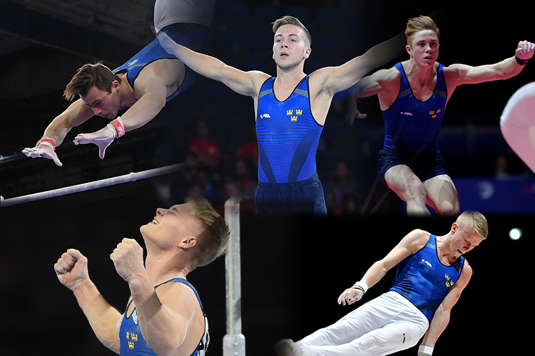 Collage bilder från utövande av manlig artistisk gymnastik