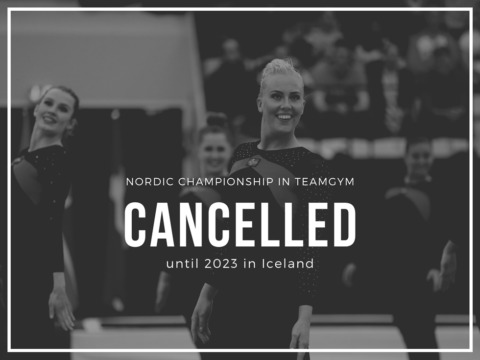 Svartvit bild med truppgymnastik i bakgrunden. Bildtext Nordic championship in teamgym cancelled until 2023 in Iceland