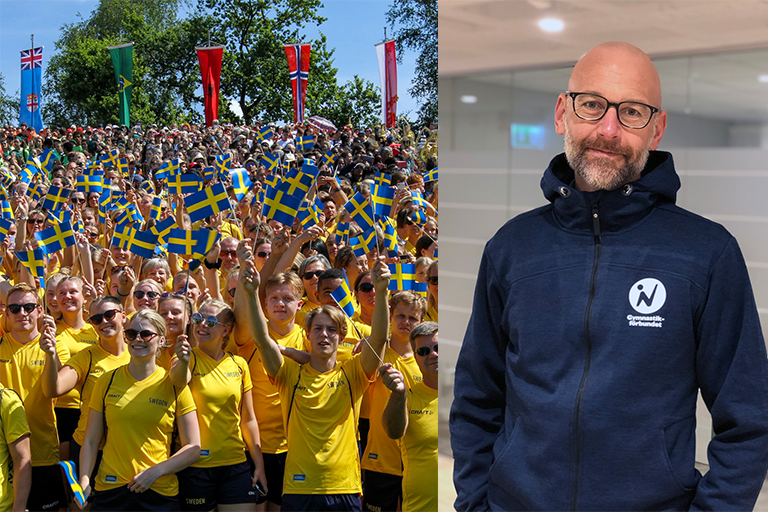 collage Folkhav med personer i sverigetröjor som viftar med svenska flaggor samt Pelle i gymnastikförbundet huvtröja