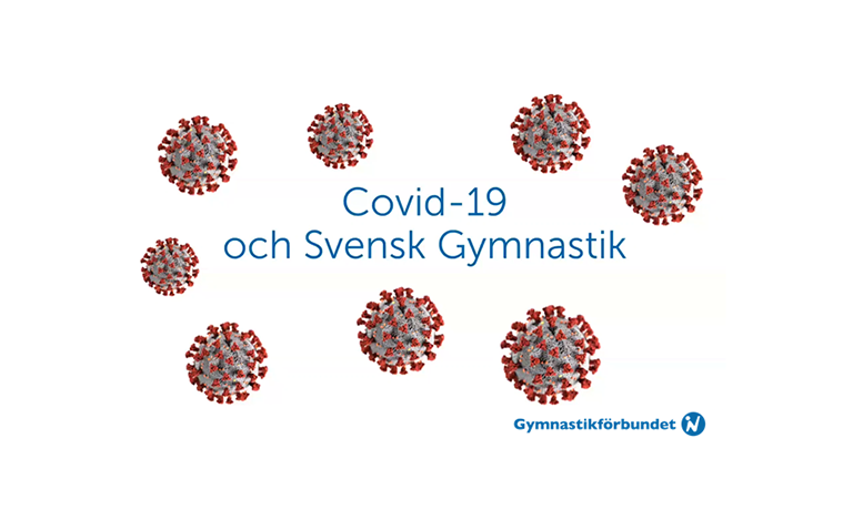 Coronavirus på vit bakgrund, biltext: Covid-19 och Svensk Gymnastik