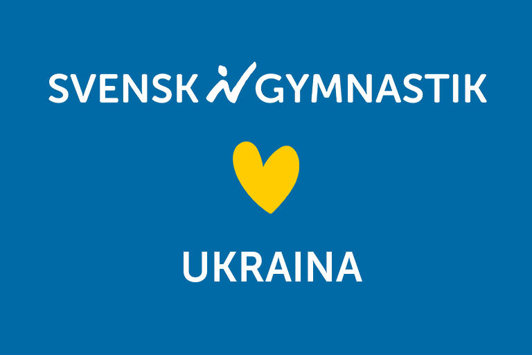 Gult hjärta i mitten av bilden ovanför och under står med vit text på blå bakgrund: Svensk Gmnastik - UKRAINA 