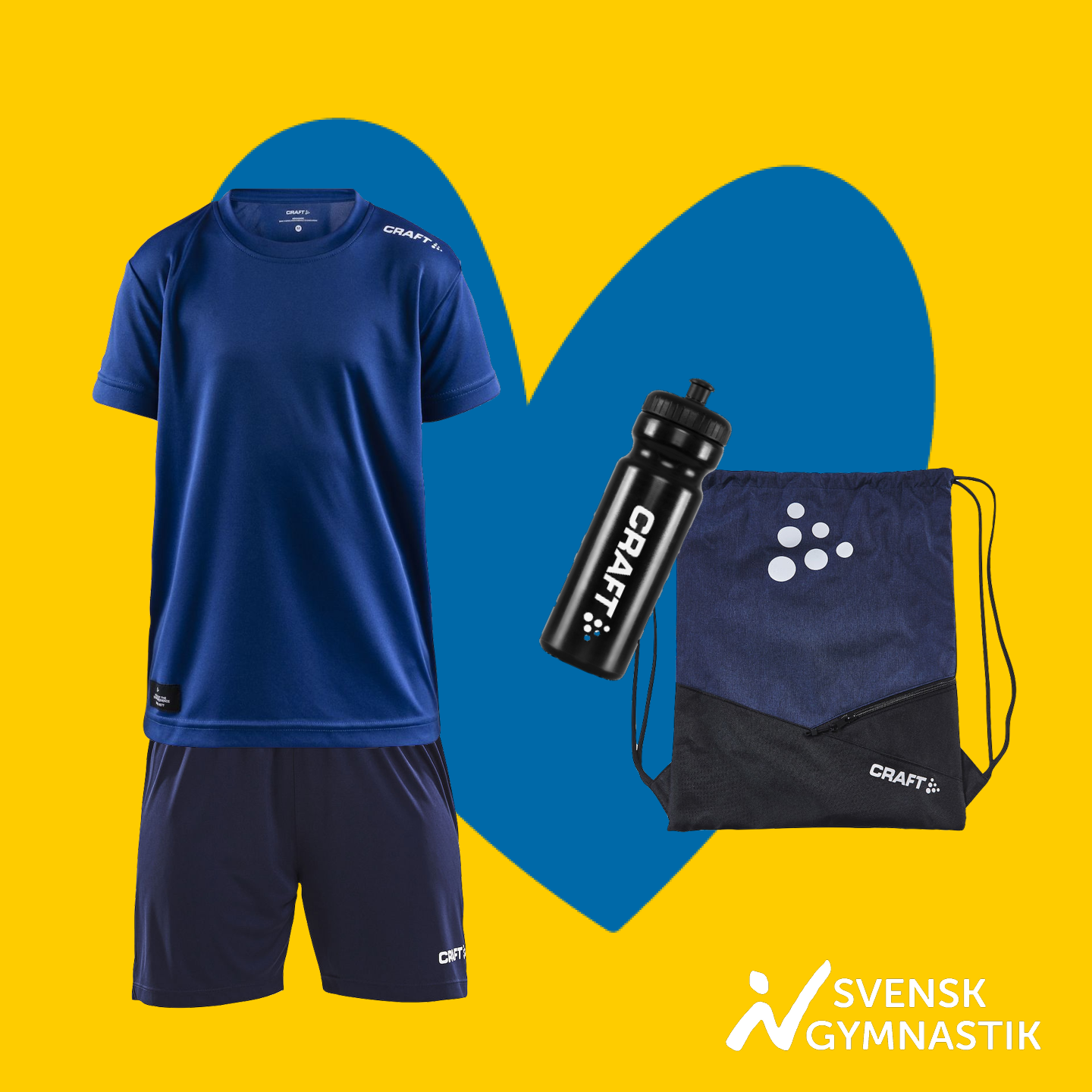 Gul bakgrund med blått hjärta, produkter: träningskläder, vattenflaska och gymnastikpåse. Blå ram med bildtext: Klicka för att beställa