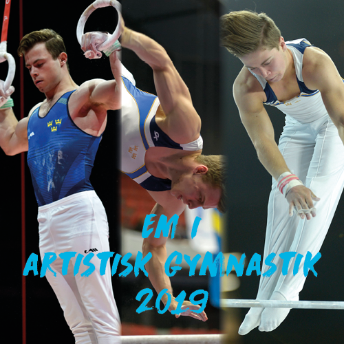 Bildtext EM i Artistisk gymnastik 2019, bakgrunden är ett collage med bilder från tävlingar i manlig artistisk gymnastik